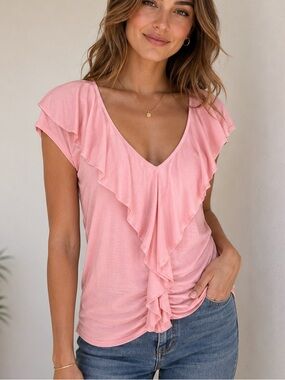 Cache Pink Ruffle V Neck Flutter Sleeves Wrap Bias Cut Ruching Girly Y2K Shirt